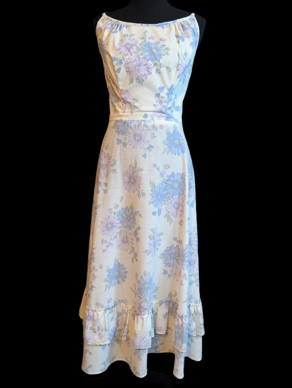 Vintage 70s Handmade Cottagecore Prairie Maxi Dress Pastel Floral Ruffle Hem - Picture 1 of 12